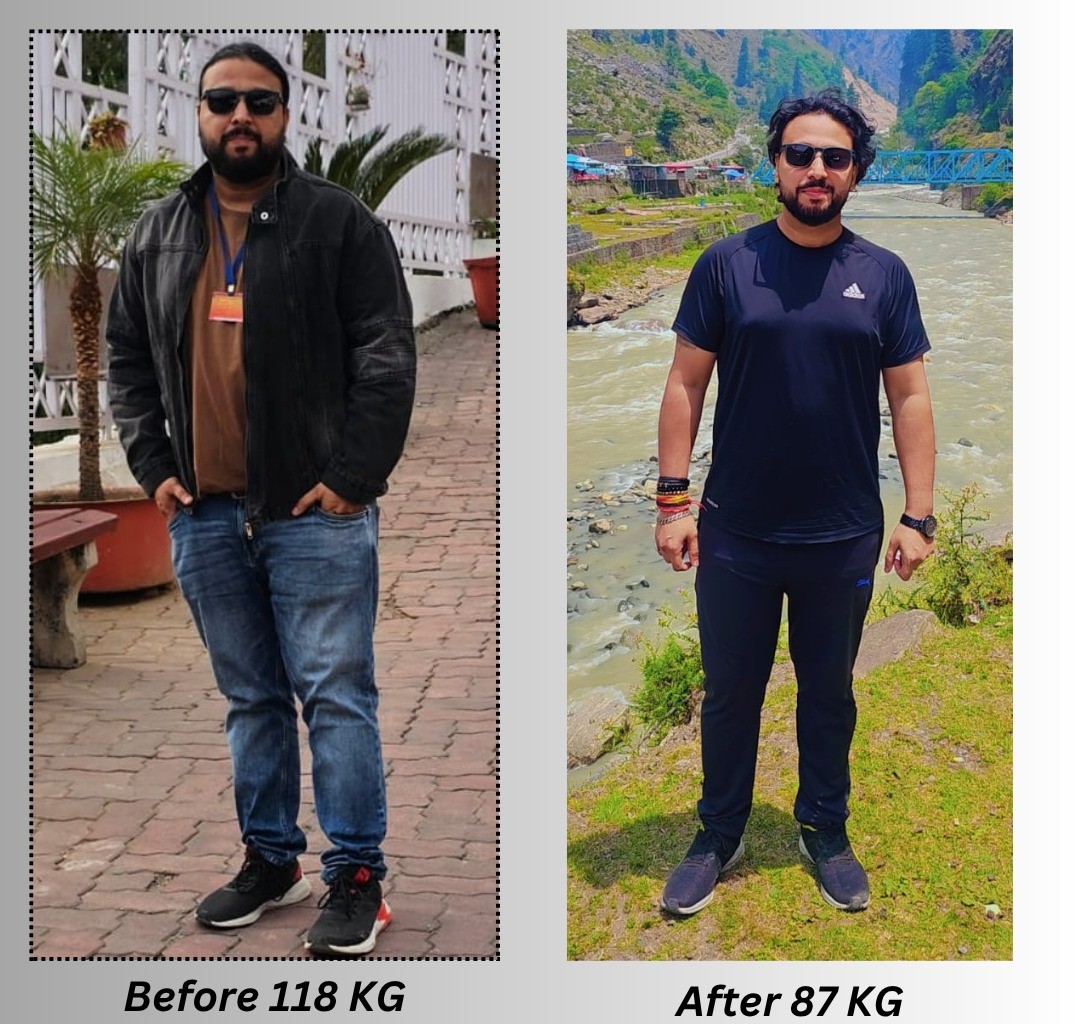 reported before 118 kg and after 87 kg transformation