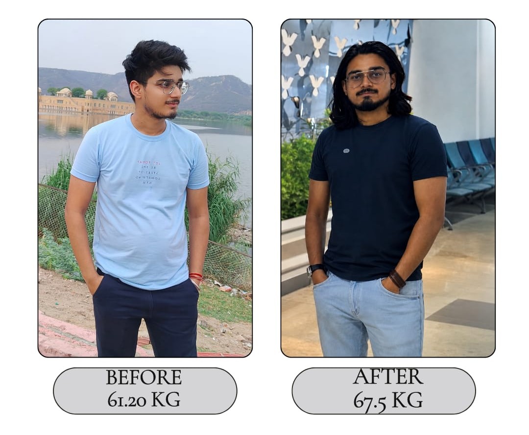 Client-reported before 61.2 kg and after 67.5 kg transformation